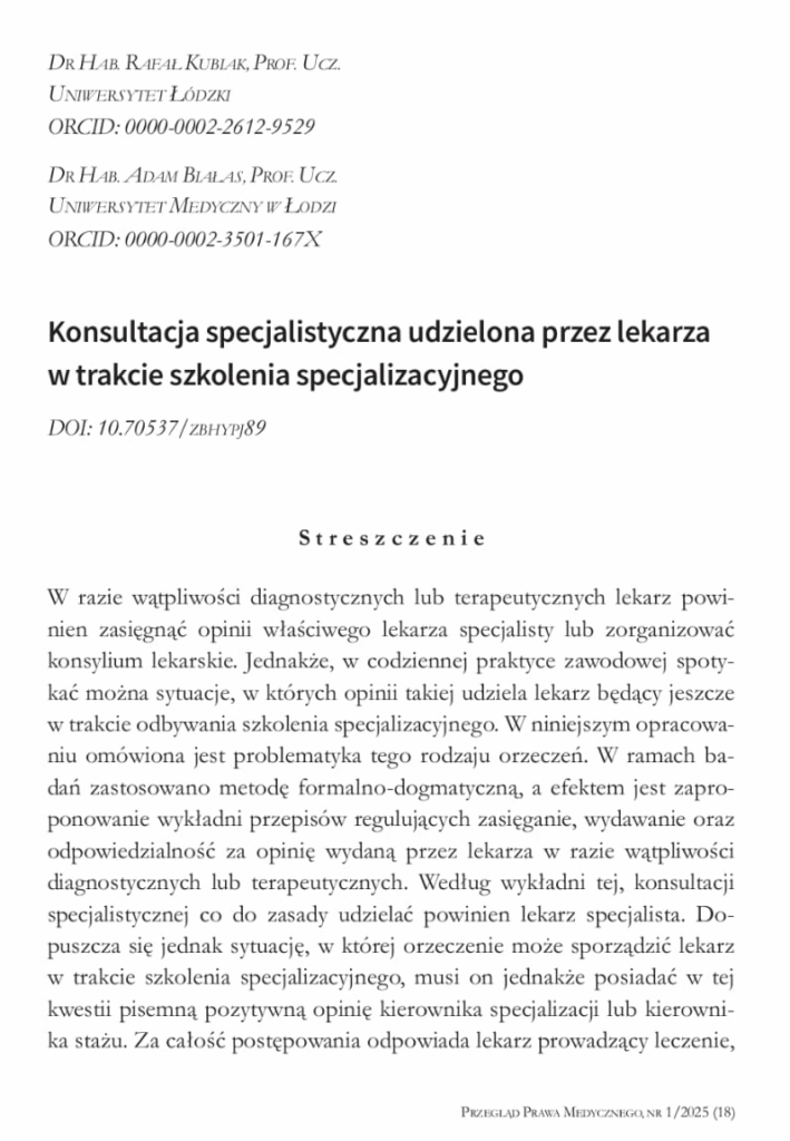 „Konsultacja specjalistyczna udzielona przez lekarza w trakcie szkolenia specjalizacyjnego”